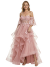 Unique Off the Shoulder A-line High-Low Ball Gown Prom Dresses with Floral Appliques