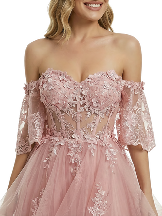 Unique Off the Shoulder A-line High-Low Ball Gown Prom Dresses with Floral Appliques