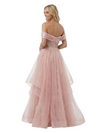 ChicSew Glamorous Off Shoulder Lace Applique Tiered Ruffle Sparkly A-Line Silhouette Floor Length Formal Evening Gown