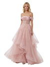 ChicSew Glamorous Off Shoulder Lace Applique Tiered Ruffle Sparkly A-Line Silhouette Floor Length Formal Evening Gown