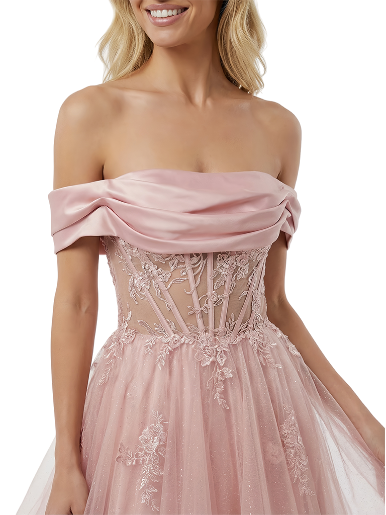 ChicSew Glamorous Off Shoulder Lace Applique Tiered Ruffle Sparkly A-Line Silhouette Floor Length Formal Evening Gown