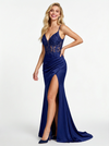 Sexy V-Neck Mermaid Corset Lace Bodice Side Slit Satin Prom Gown