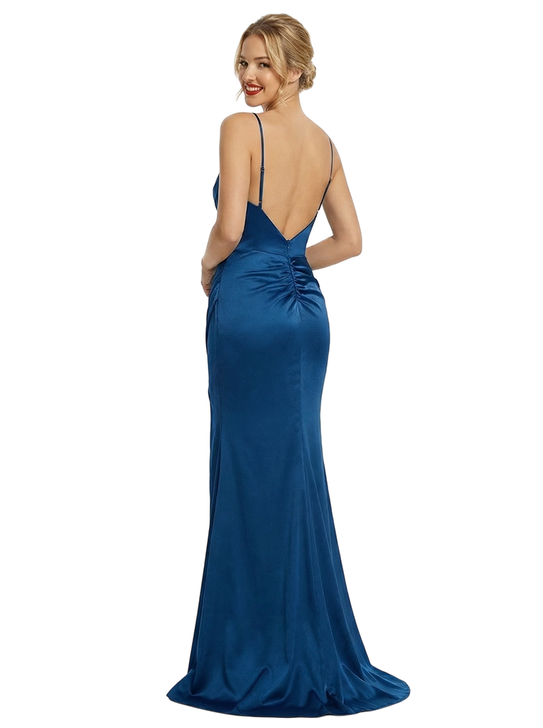 Simple V-Neck Pleated Side Slit Satin Mermaid Prom Dress with Slit
