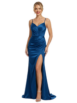 Simple V-Neck Pleated Side Slit Satin Mermaid Prom Dress with Slit