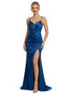 Simple V-Neck Pleated Side Slit Satin Mermaid Prom Dress with Slit