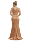 Mother of The Bride Gown V-Neck Short Sleeve Satin Ruched Mermaid Floor-Length Dress