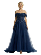 Sparkly Off the Shoulder Floral Appliques A-line Tulle Ball Gown Prom Dresses