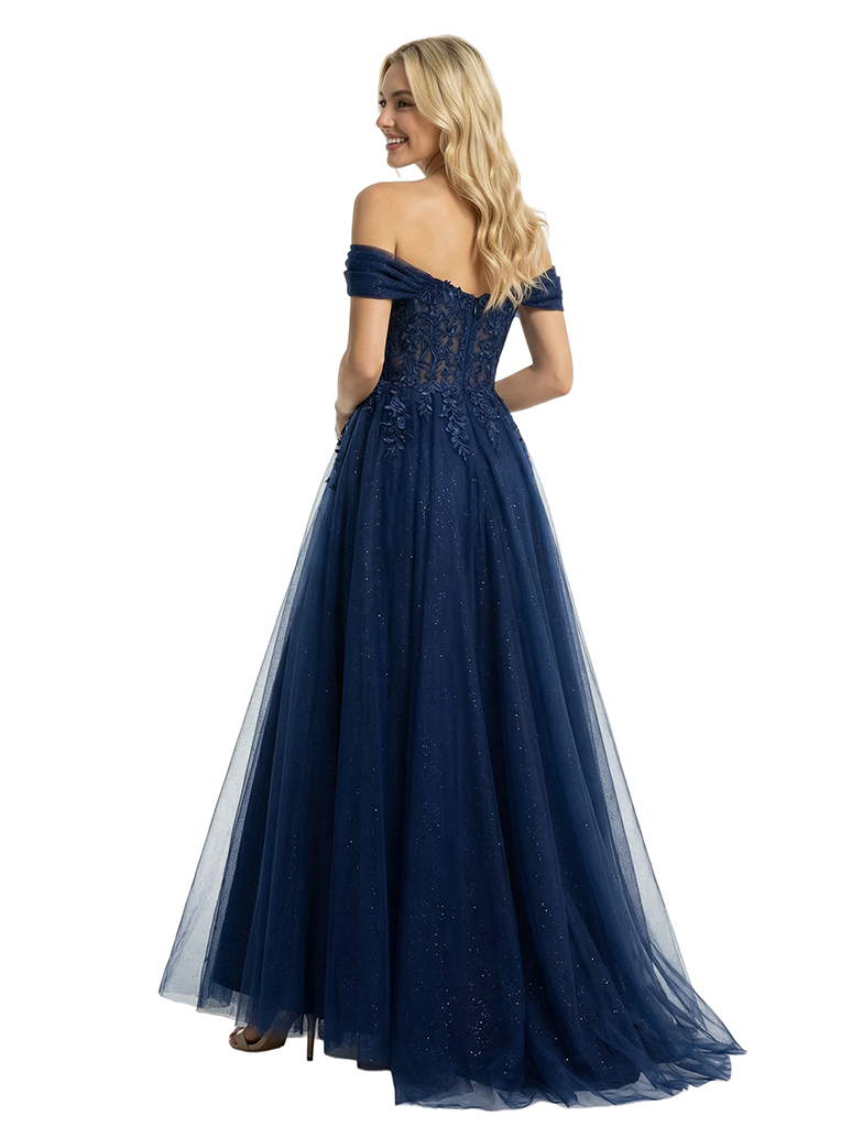 Sparkly Off the Shoulder Floral Appliques A-line Tulle Ball Gown Prom Dresses