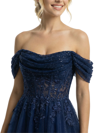 Sparkly Off the Shoulder Floral Appliques A-line Tulle Ball Gown Prom Dresses