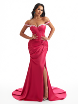 Sexy Off Shoulder Mermaid Soft Satin Twisted Knot Side Slit Long Bridesmaid Dresses Online