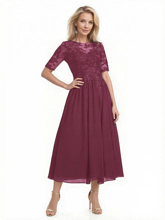Elegant Illusion Half Sleeves Chiffon Midi Length A-Line Mother Of The Bride Dresses
