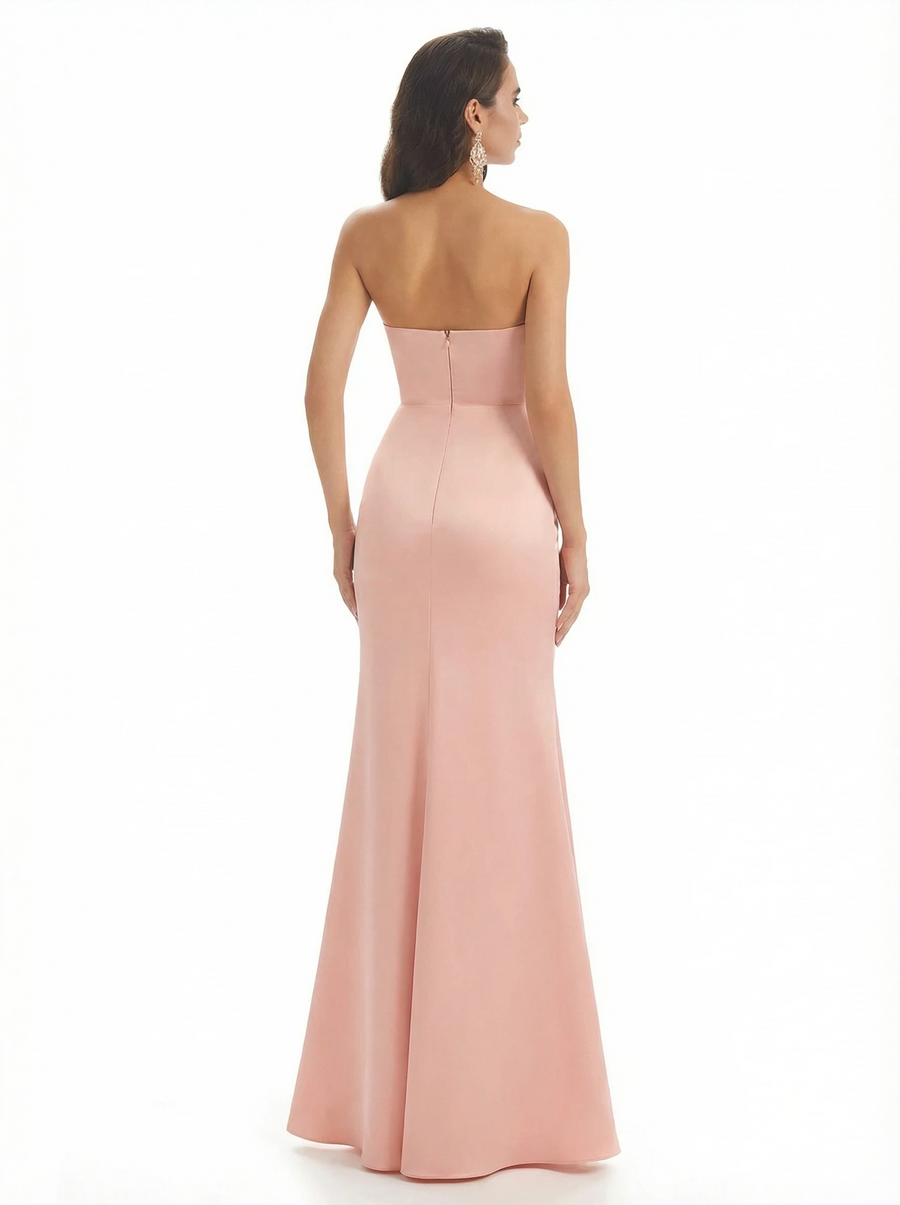Women Sexy Strapless Mermaid  Soft Satin Long Evening Formal Dresses Side Slit