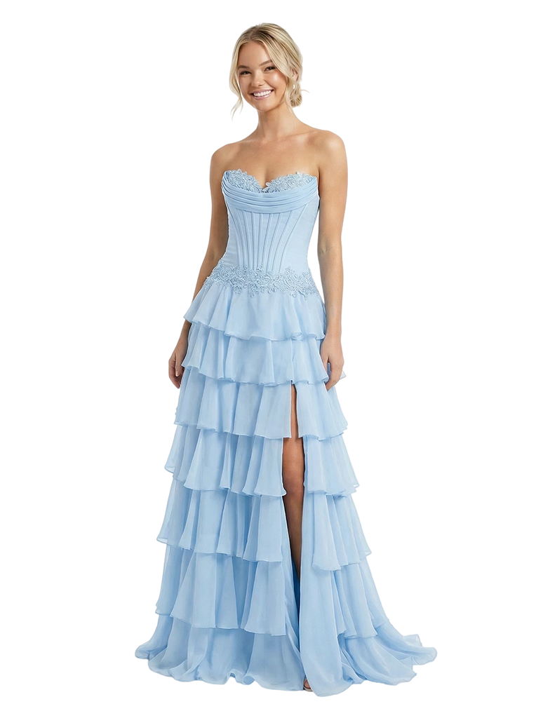Stunning Sweetheart Tiered Ruffles Lace Appliques A-Line Chiffon Strapless Prom Dress