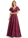 Elegant V-Neck Floral Burnout Chiffon A-Line Flutter Sleeves Formal Evening Gowns With Bow