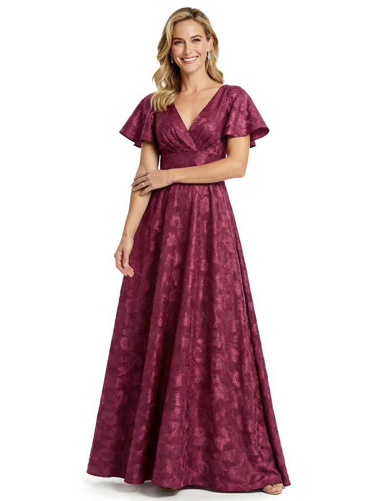 Elegant V-Neck Floral Burnout Chiffon A-Line Flutter Sleeves Formal Evening Gowns With Bow