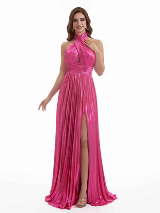 Sexy Side Split A-Line Halter Backless Metallic Backless Long Dresses Online