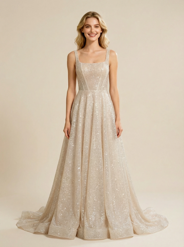 A-line Square Neckline Maxi Long Sequin Wedding Dresses Online