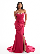 Sexy Off Shoulder Mermaid Soft Satin Twisted Knot Side Slit Long Bridesmaid Dresses Online