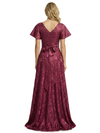 Elegant V-Neck Floral Burnout Chiffon A-Line Flutter Sleeves Formal Evening Gowns With Bow