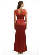 Sexy Cap Sleeves Side Slit Mermaid Satin and Tulle Unique Formal Floor Length Evening Dresses