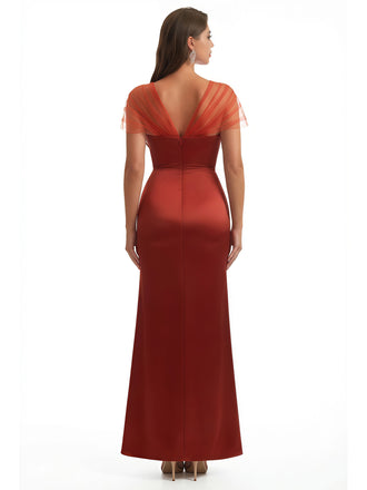 Sexy Cap Sleeves Side Slit Mermaid Satin and Tulle Unique Formal Floor Length Evening Dresses