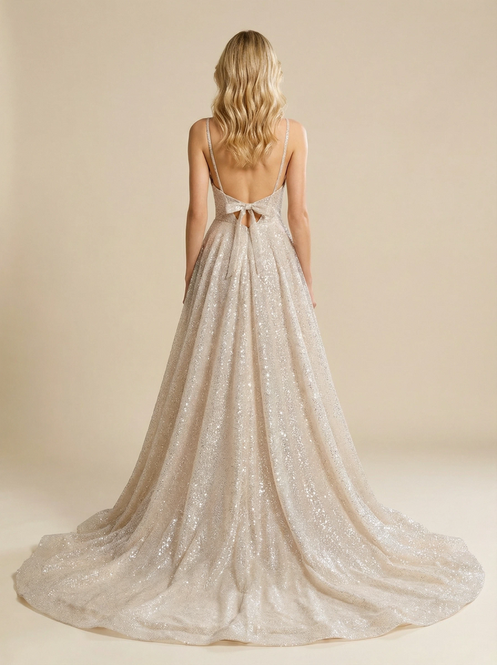 A-line Square Neckline Maxi Long Sequin Wedding Dresses Online