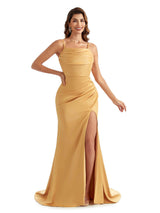 Sexy Side Split Soft Satin Spaghetti Straps Mermaid Bridesmaid Dresses Online