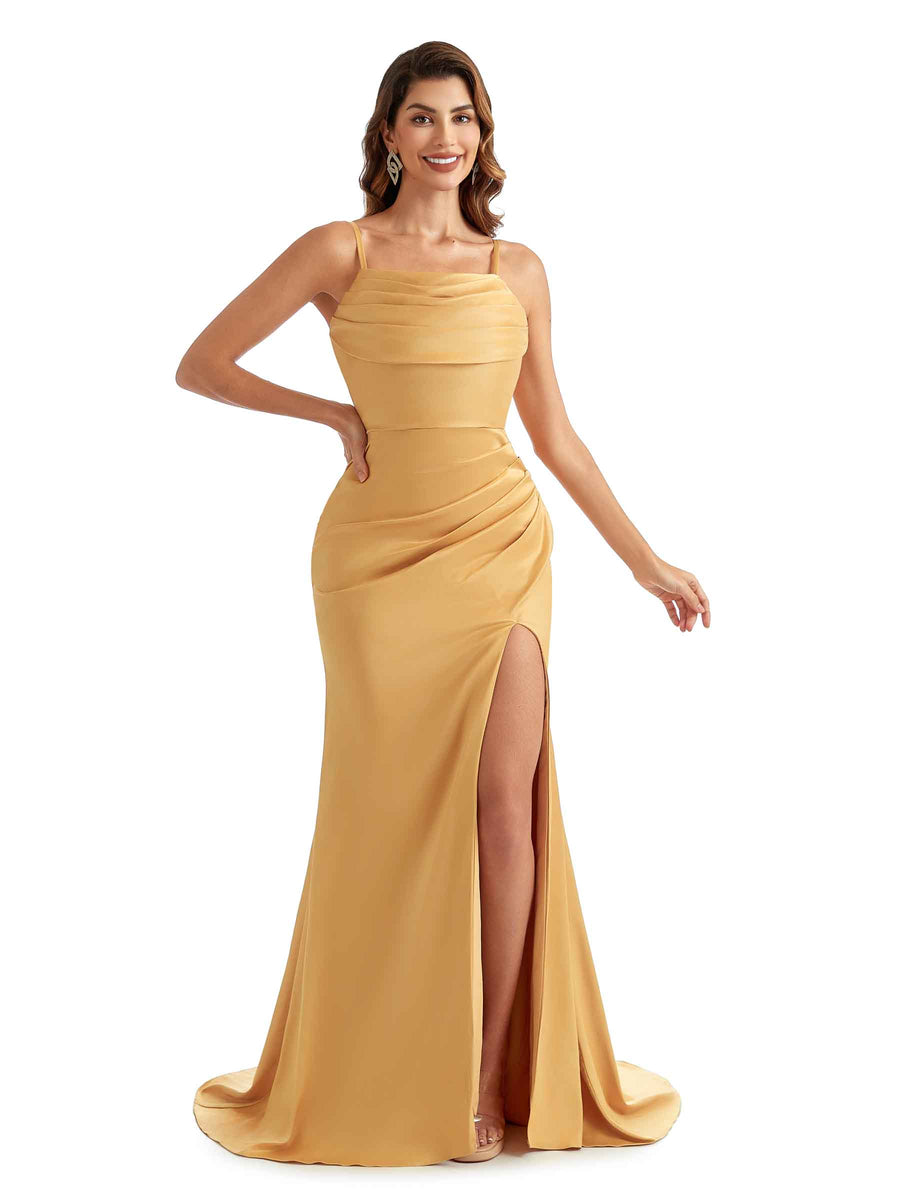 Sexy Side Split Soft Satin Spaghetti Straps Mermaid Bridesmaid Dresses Online