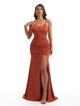 Sexy Spaghetti Straps Side Slit Mermaid Ruched Satin Long Bridesmaid Dresses