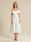 A-line Off Shoulder V-neck Short Midi Satin Wedding Dresses Online