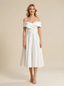 A-line Off Shoulder V-neck Short Midi Satin Wedding Dresses Online