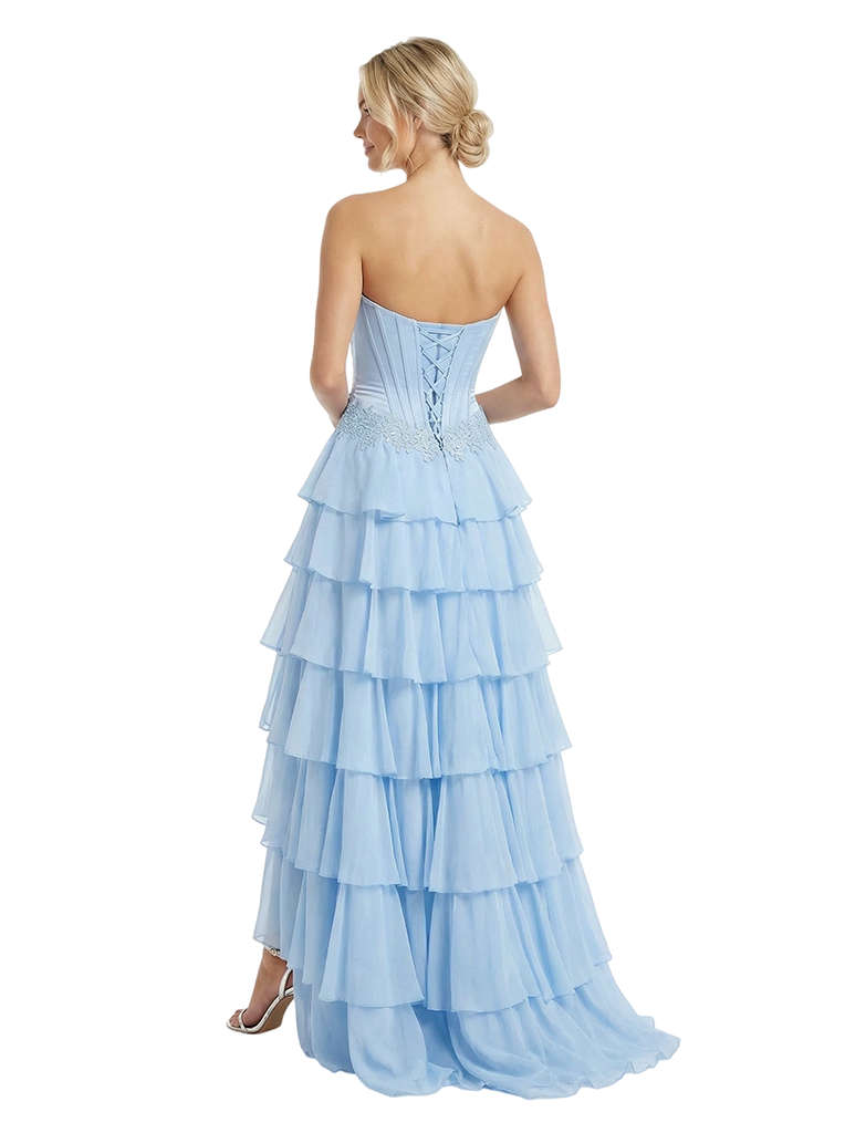 Stunning Sweetheart Tiered Ruffles Lace Corset A-Line Chiffon Strapless Prom Dress