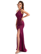 Sexy One Shoulder Side Slit Mermaid Silky Satin Unique Long Formal Dresses For Women