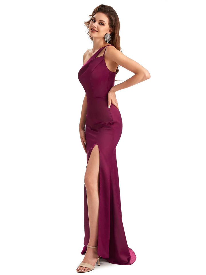 Sexy One Shoulder Side Slit Mermaid Silky Satin Unique Long Formal Dresses For Women