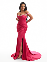 Sexy Off Shoulder Mermaid Soft Satin Twisted Knot Side Slit Long Bridesmaid Dresses Online