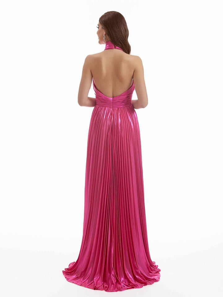 Sexy Side Split A-Line Halter Open Back Metallic Stretch Shiny Fabric Long Wedding Guest Dresses
