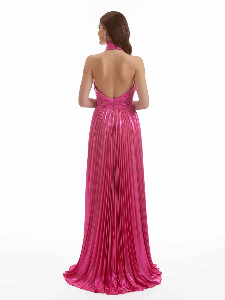 Sexy Side Split A-Line Halter Backless Metallic Backless Long Dresses Online