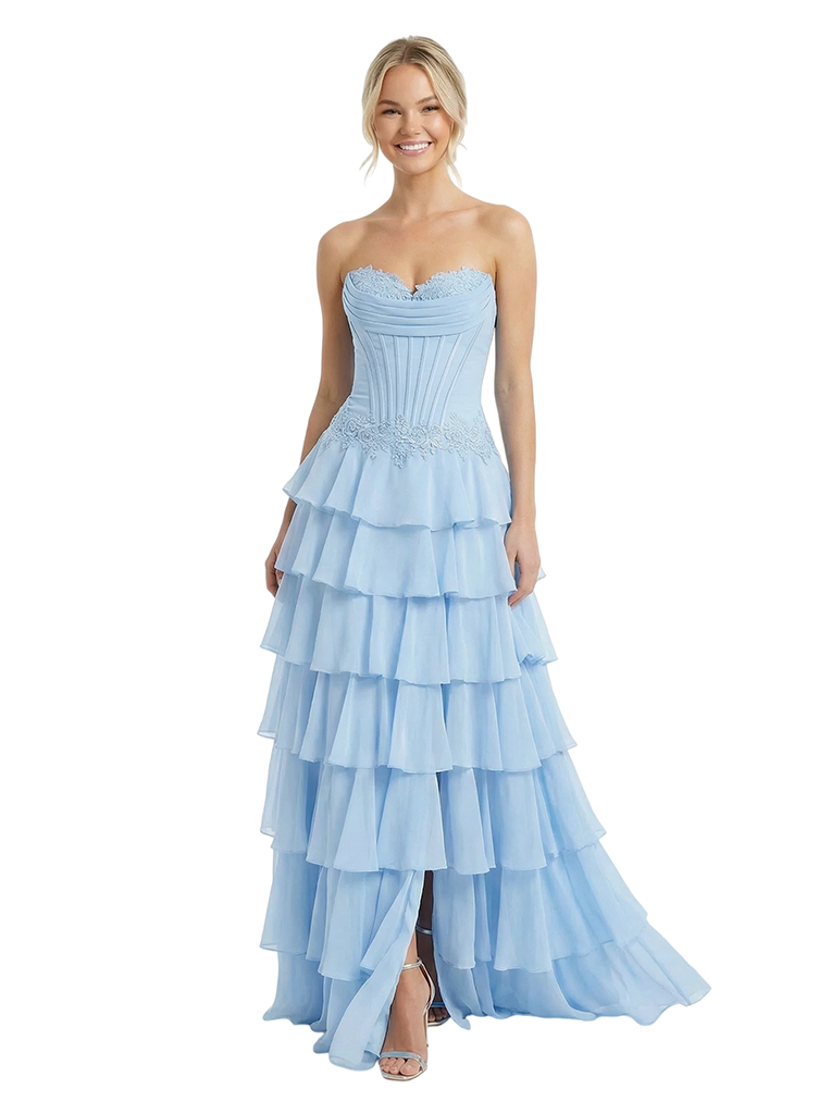Stunning Sweetheart Tiered Ruffles Lace Appliques A-Line Chiffon Strapless Prom Dress