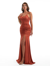Sexy Spaghetti Straps Side Slit Mermaid Ruched Satin Long Bridesmaid Dresses