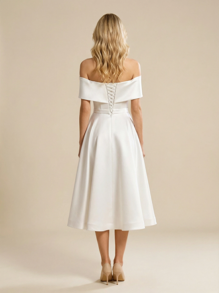 A-line Off Shoulder V-neck Short Midi Satin Wedding Dresses Online