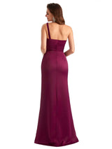 Sexy One Shoulder Side Slit Mermaid Silky Satin Unique Long Formal Dresses For Women