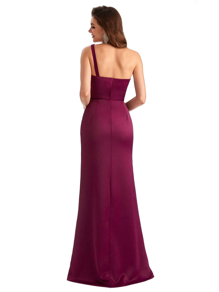 Sexy One Shoulder Side Slit Mermaid Silky Satin Unique Long Formal Dresses For Women