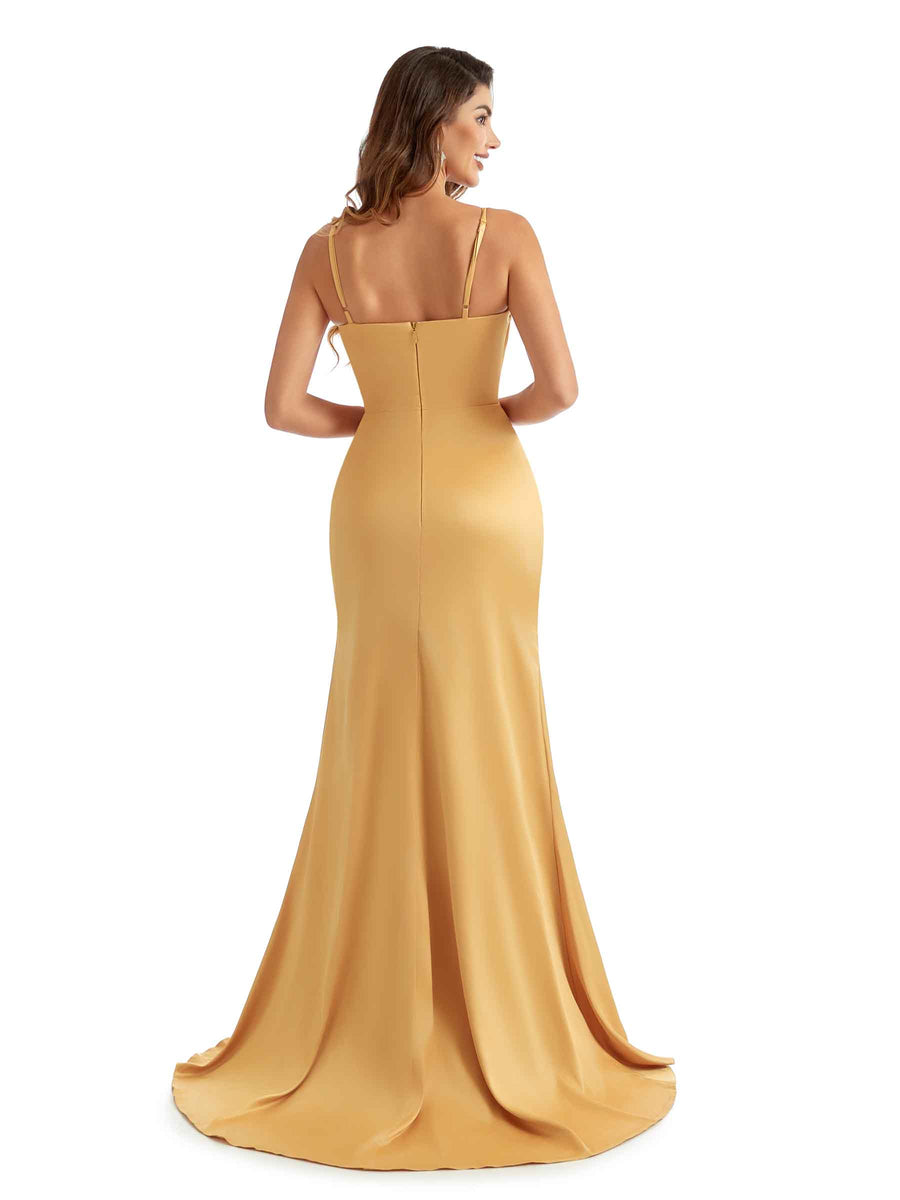 Sexy Side Split Soft Satin Spaghetti Straps Mermaid Bridesmaid Dresses Online