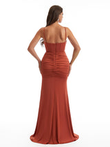 Sexy Spaghetti Straps Side Slit Mermaid Ruched Satin Long Bridesmaid Dresses