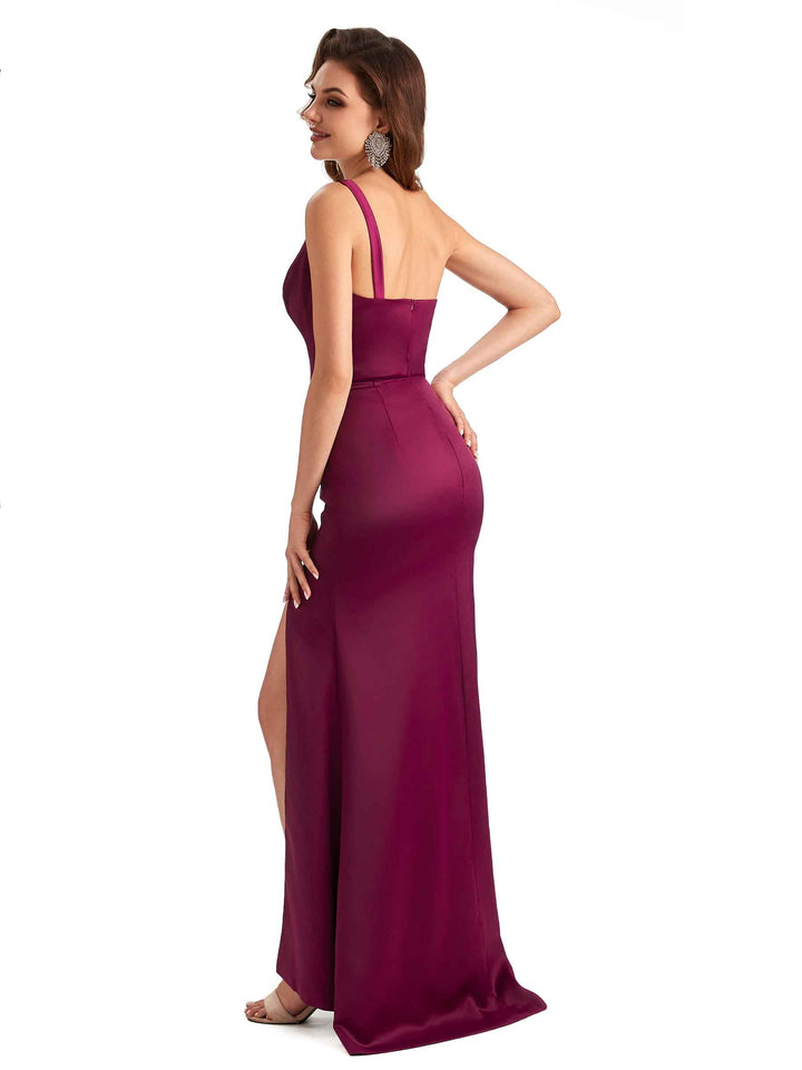 Sexy One Shoulder Side Slit Mermaid Silky Satin Unique Long Formal Dresses For Women