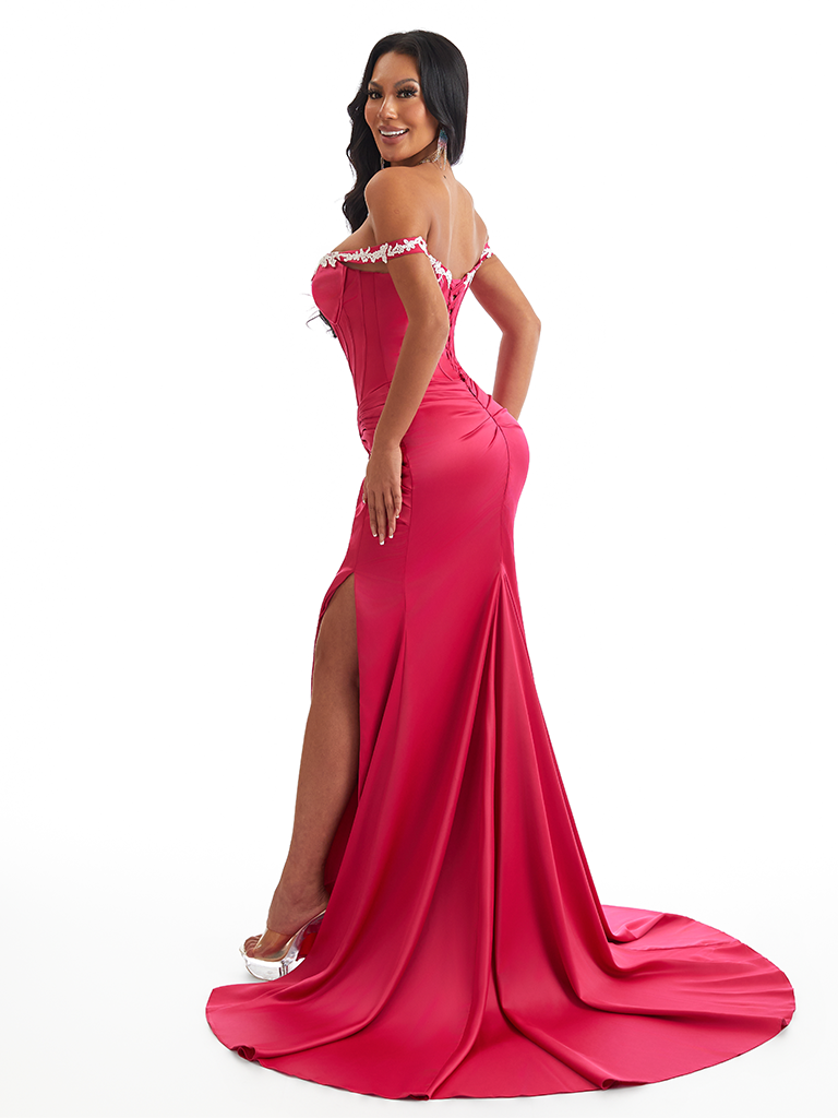 Sexy Off Shoulder Mermaid Soft Satin Twisted Knot Side Slit Long Bridesmaid Dresses Online