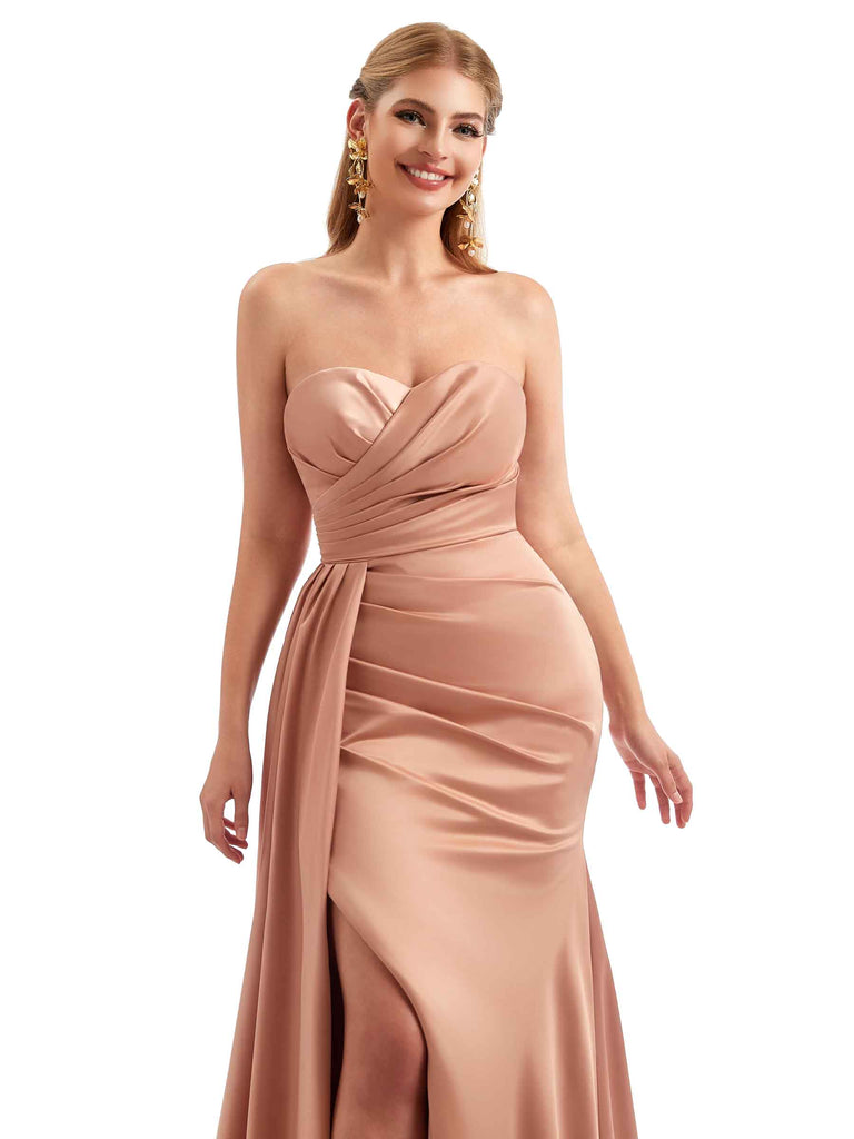 Elegant Side Slit Strapless Satin Unique Long Bridesmaid Dresses Online