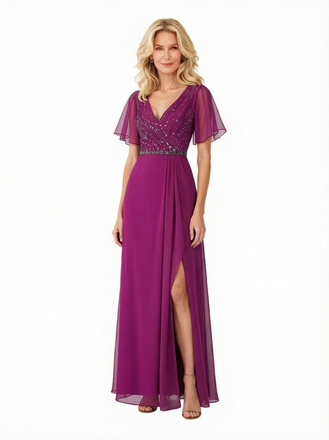 Elegant V-Neck A-Line Chiffon Side Slit Bell Sleeves Long Mother Of The Bride Dresses
