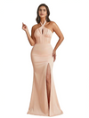 Sexy Halter Neck Side Slit Mermaid Ruched Satin Long Formal Dresses For Women