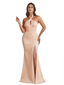 Sexy Halter Neck Side Slit Mermaid Ruched Satin Long Formal Dresses For Women